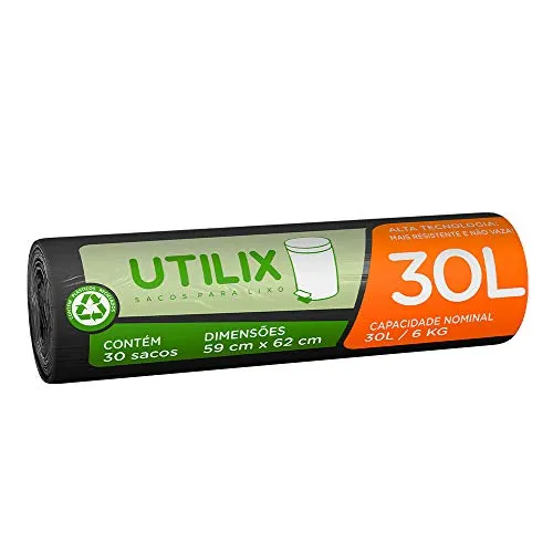 [Rec/ + por - R$4,49] Utilix 510024312 - Saco para lixo, 30 litros, Preto, Rolo com 30 sacos