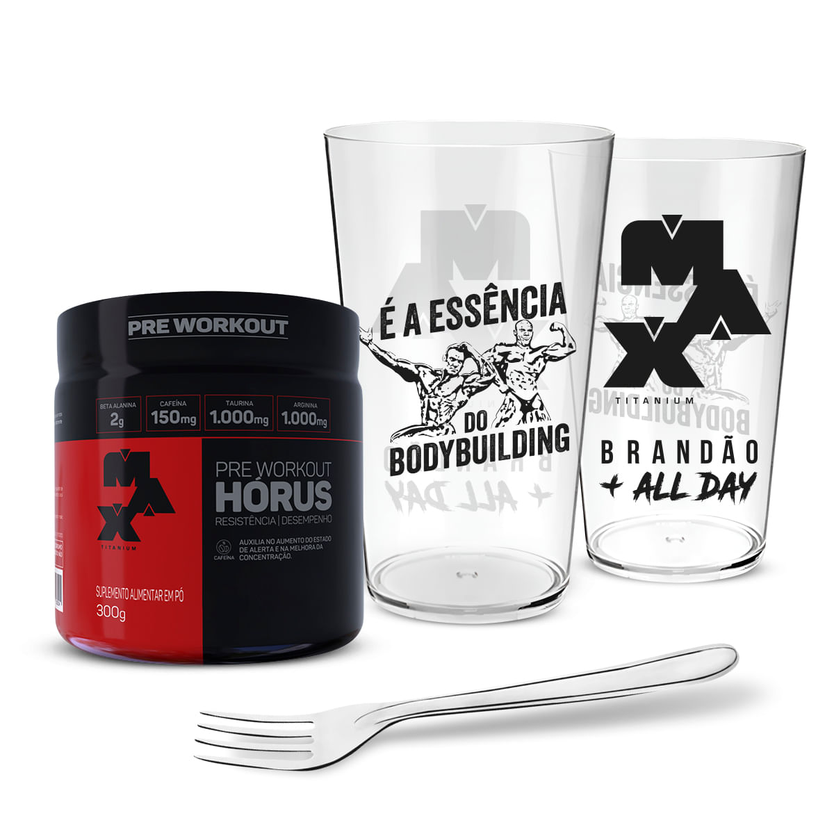 Kit Essência Bodybuilder - Max TitaniumHórus 300g Blue Ice + Copo e Garfo All day e Brandão