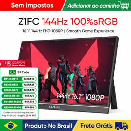 Monitor de Jogos Portátil ARZOPA 16.1" sRGB 144Hz Display Laptop com Tipo C Mini HDMI