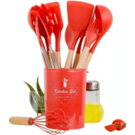 Jogo Kit Com 12 Peças Utensílios De Cozinha Colheres Espatulas Pegador Silicone Copo Suporte