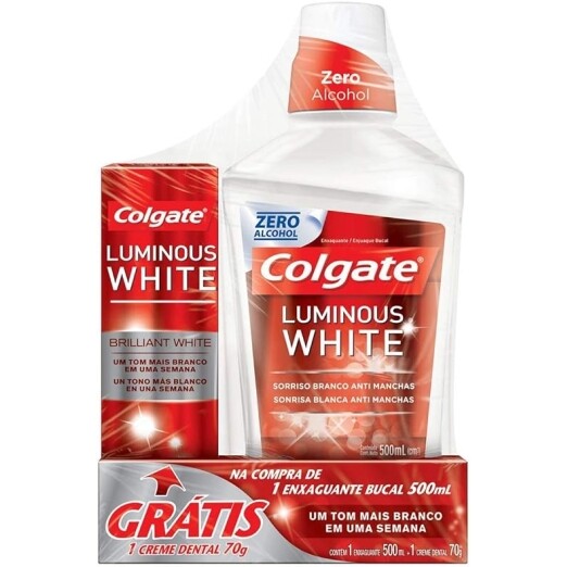 Kit Colgate Enxaguante Bucal Luminous White 500ml + 1 Creme Dental 70g