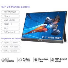 Monitor Portátil ARZOPA 16.1" 100% sRGB 144Hz Display Laptop com Tipo C Mini HDMI