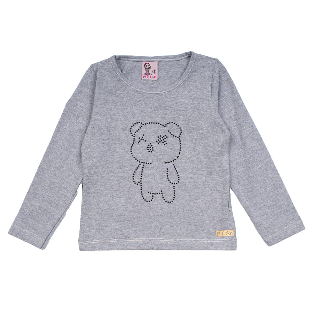 Blusa Infantil Pitiska Manga Longa Urso Strass Cinza