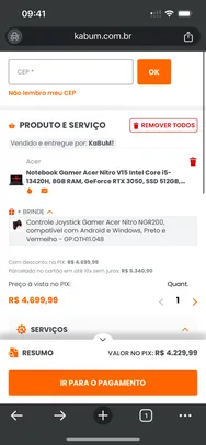 Notebook Gamer Acer Nitro V15 Intel Core i5-13420H, 8GB RAM, GeForce RTX 3050, SSD 512GB, 15.6 FHD IPS 144Hz, Windows 11, Preto - ANV15-51-58AZ