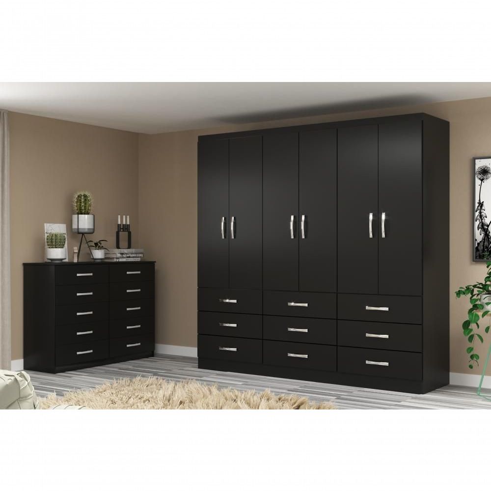 Guarda-roupa Casal 6 Portas 9 Gavetas Bergamo - Black Black