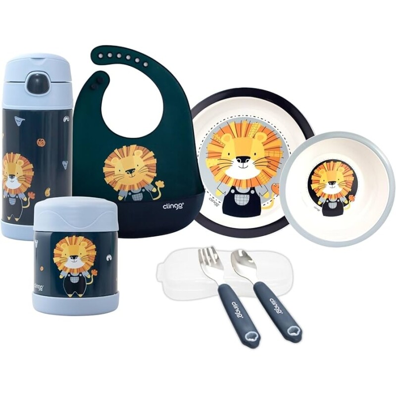 Clingo Kit Alimentação Bebê 7 Peças Babador Garrafa + Pote Térmico Tigela e Prato Talheres em Metal Livre de BPA