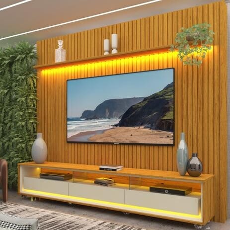 Rack com Painel Ripado para TV até 85" LED 3 Gavetas com Rodízios 230cm Gelius Naturale