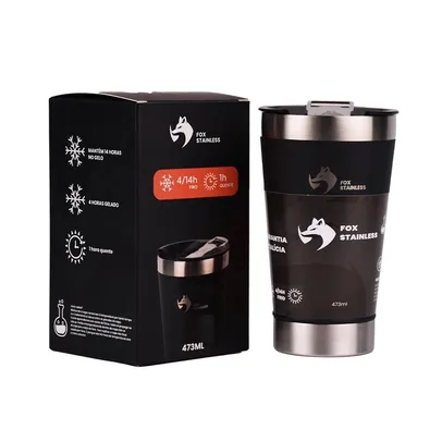 Copo Térmico Quente e Frio com Tampa 473ml Preto Fox Stainless