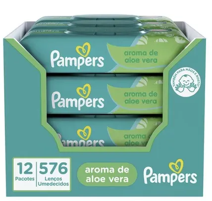 (R$7,74 cada) Kit Lenço Umedecido Pampers Aroma de Aloe Vera 48 unidades 12 pacotes