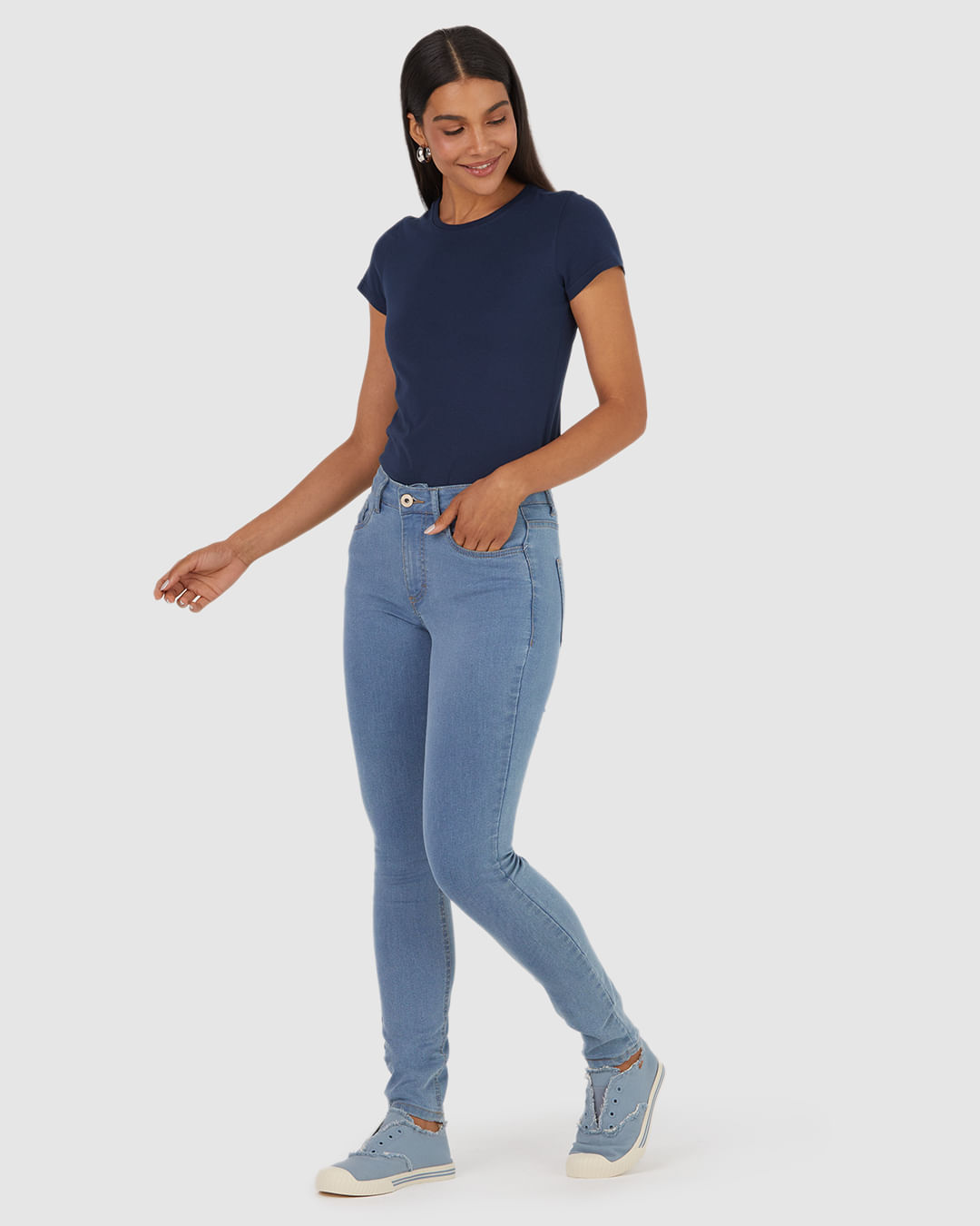 Calça Feminina Skinny Cintura Média Em Flex Jeans Azul