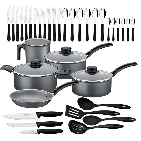 (SOMENTE RS) Kit Cozinha 36 Peças Tramontina com Panelas e Talheres, Chumbo - 27899/273