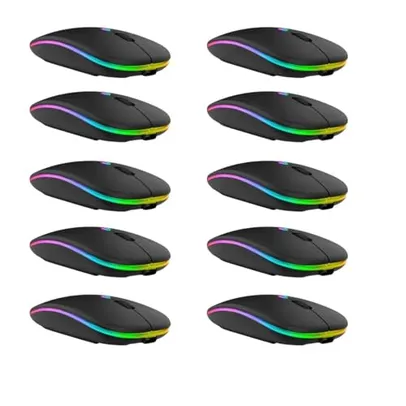 (R$ 4.99 cada) Kit 10 Mouse Sem Fio Recarregável RGB, Ergonômico e Conectividade USB 2.4 GHz (Preto)