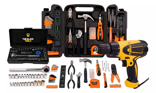 Kit Jogo De Ferramentas 169 Peças Com Maleta The Black Tools E Furadeira Parafusadeira Elétrica 3/8 300w 220v Oz