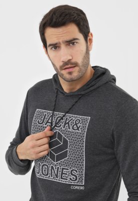 Blusa de Moletom Flanelada Fechada Jack & Jones Logo Grafite