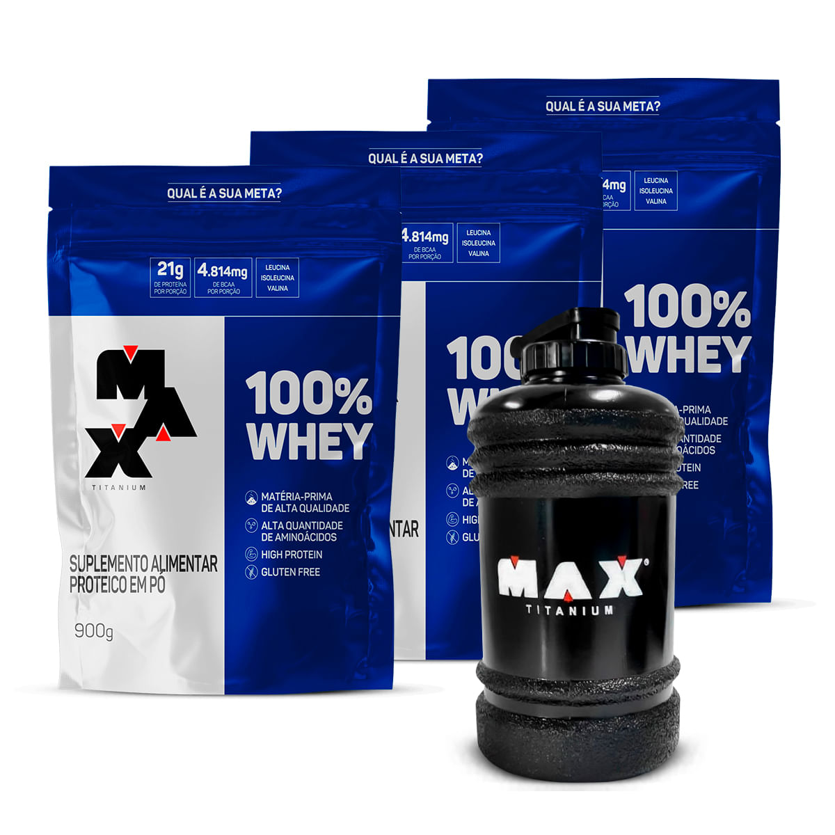 Kit Pack 3 whey refil + Galão 2,2L