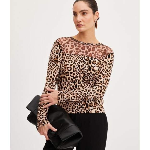 Blusa em Viscolycra com Estampa Animal Print e Pala de Tule