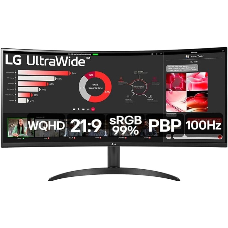 Monitor LG UltraWide Curvo Tela VA de 34 WQHD 3440 x 1440 21:9 sRGB 99% HDR10 - 34WR50QC