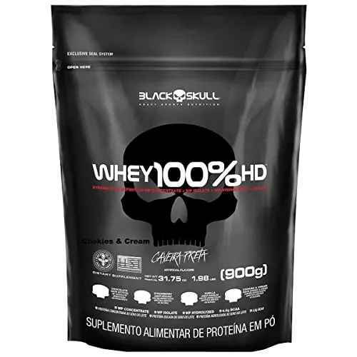 PIX OU BOLETO Whey 100% Hd - 900G Refil Cookies e Cream, Black Skull