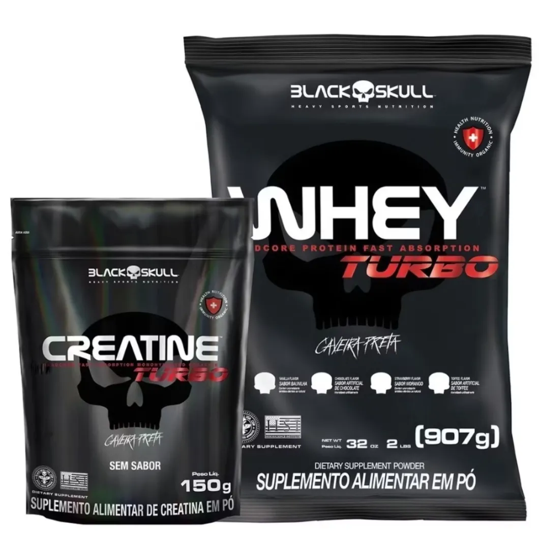 Combo de Suplementos Creatina Sem Sabor Refil 150g + Whey Protein Turbo 907 - Black Skull