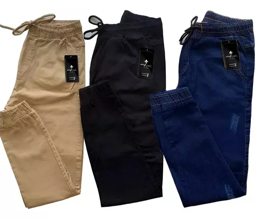 Kit 3 Calça Jeans Sarja Masculina Jogger Punho Rasgada Slim