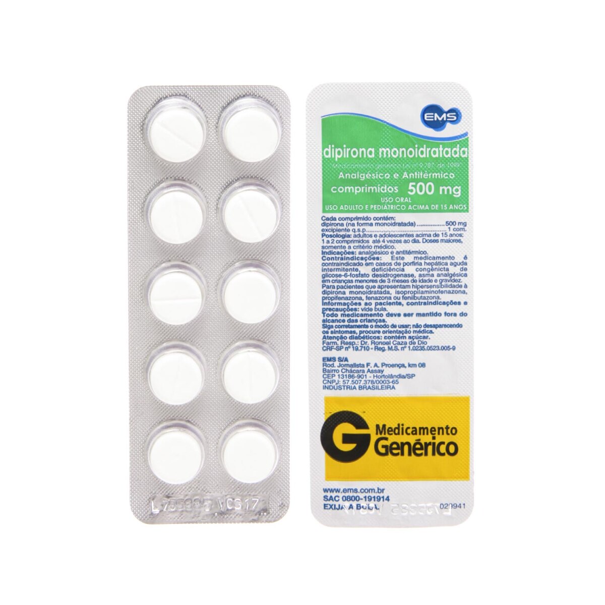 Dipirona Sodica 500mg 10 Comprimidos EMS Generico
