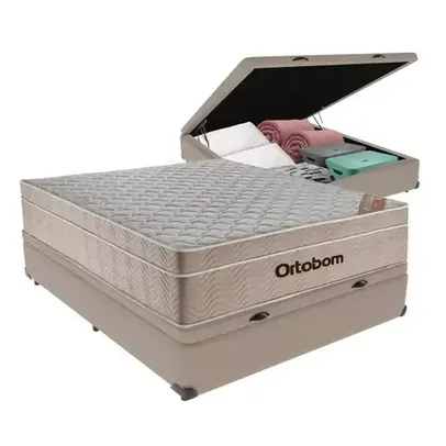 Cama Box Com Baú Casal + Colchão De Molas Ensacadas - Ortobom - AirTech SpringPocket - 138x188x67cm