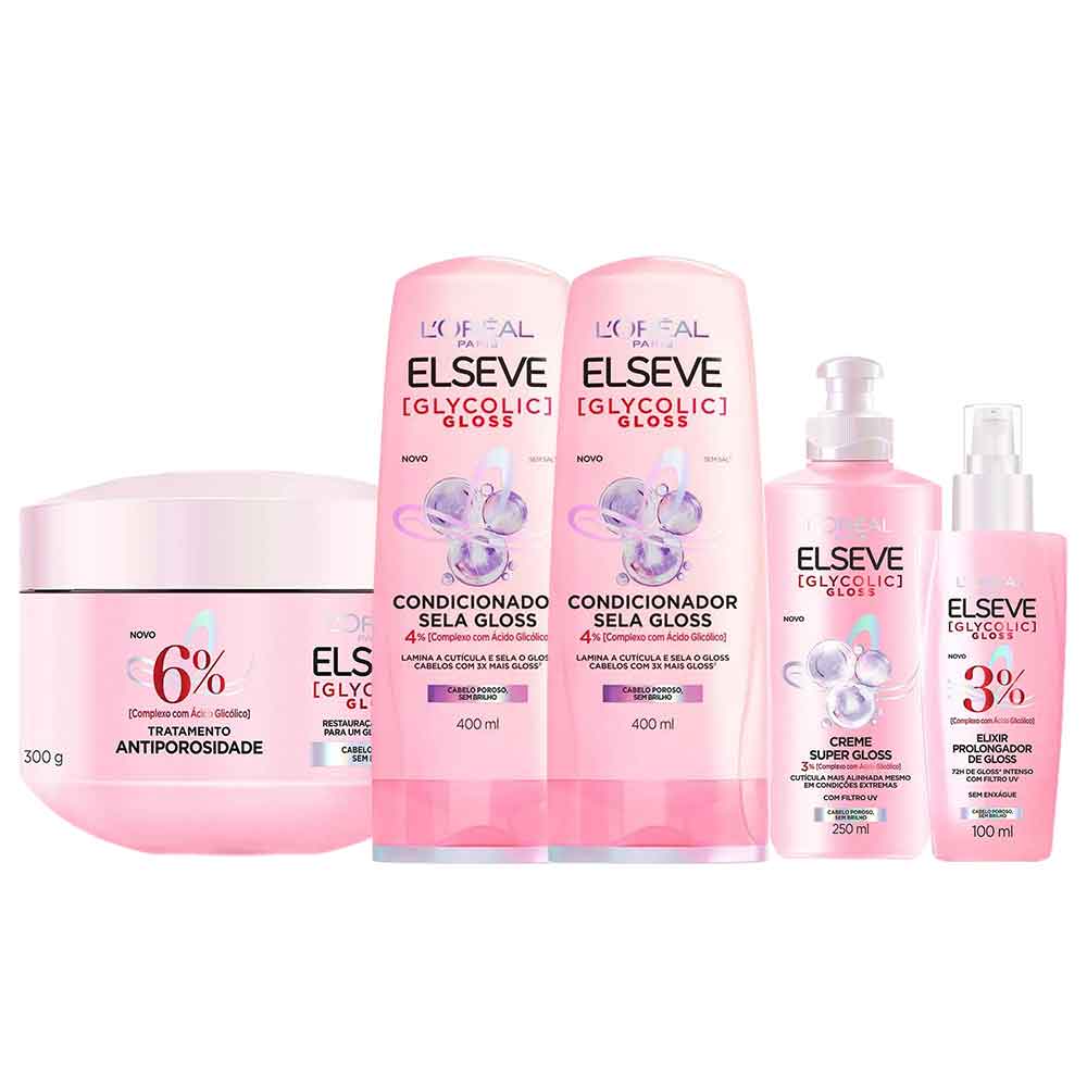 Elseve Glycolic Gloss Kit - Shampoo + Condicionador + Creme Super Gloss + Creme de Tratamento + Sérum Kit