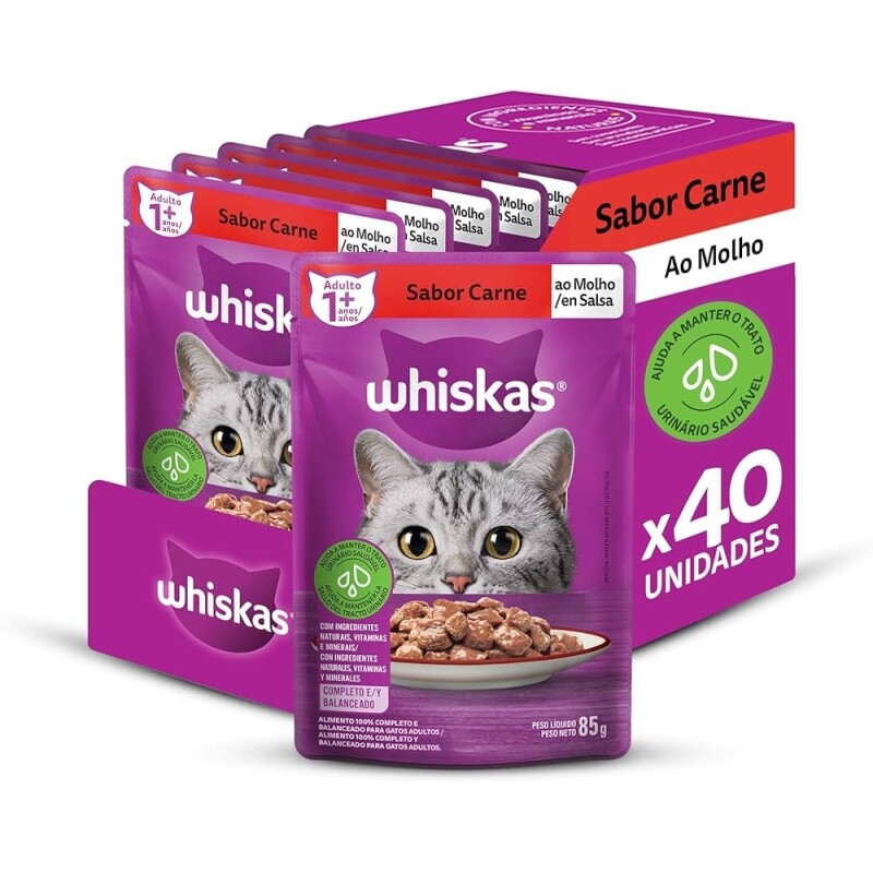 Pack 40 Unidades Ração Úmida Whiskas Sachê Carne ao Molho para Gatos Adultos 85g