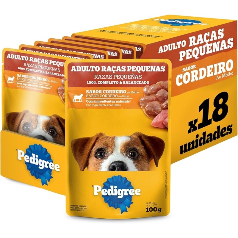 5 Packs de Ração Úmida Pedigree Sachê Cordeiro ao Molho para Cães Adultos de Raças Pequenas 100 g - 18 unidades