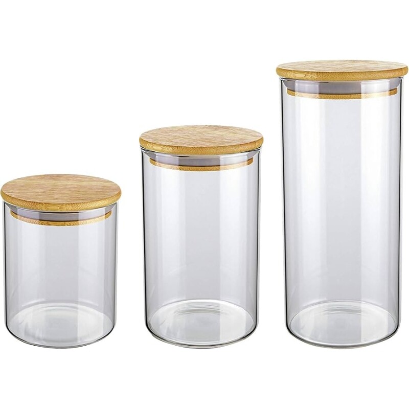 Conjunto com 3 Potes de Vidro transparente Slim com tampa Bambu VDR6804-3 Euro Home