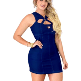 Vestido Jeans Feminino Azul Escuro Sem Mangas Decote Trançado