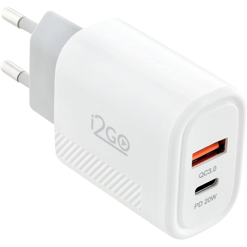 Carregador de Parede Ultra Rápido com 1 Saída USB-C Power Delivery 20W + 1 Saída USB-A 18W I2GO - i2GO PRO