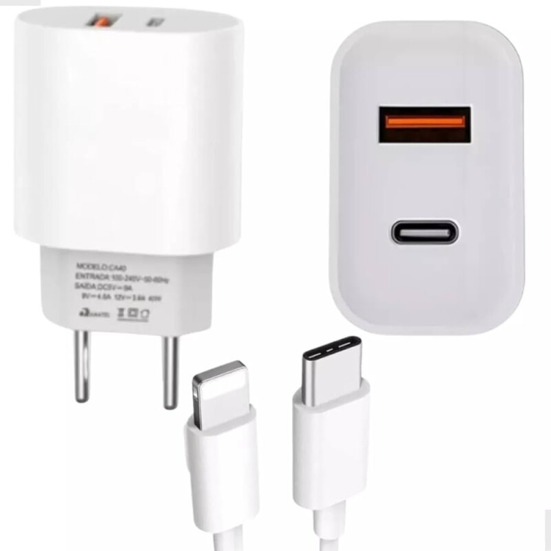 Kit Carregador para Iphone Turbo 40w Entrada Dupla USB/USB Tipo C PD 3.0 Qc4.0 9.1A e Cabo USB Tipo C para Iphone