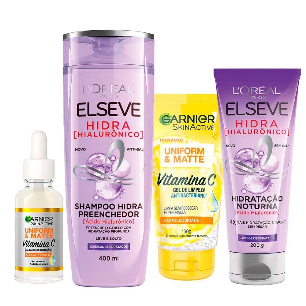 Garnier + Elseve Kit – Gel de Limpeza Facial + Sérum Facial + Creme Hidratação Noturna + Shampoo Preenchedor Kit