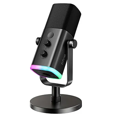 FIFINE Microfone dinâmico XLR/USB para gravação podcast,mic streaming para PC computador e jogos com luz RGB,botão mudo,conector para fones ouvido,sup