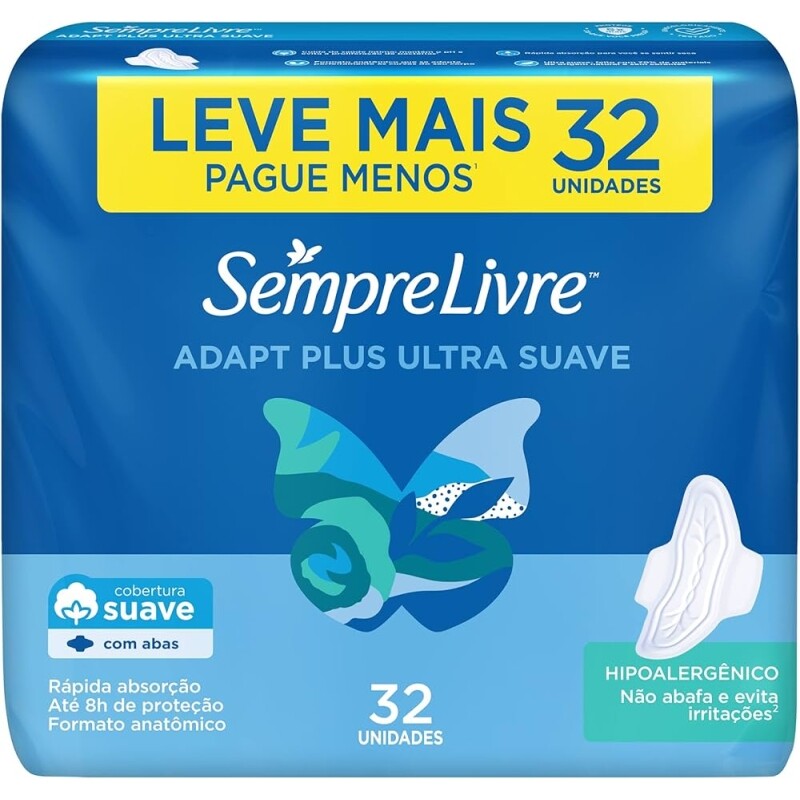 2 Pacotes Sempre Livre Absorvente Externo Adapt Plus Com Abas - 32 Unidades