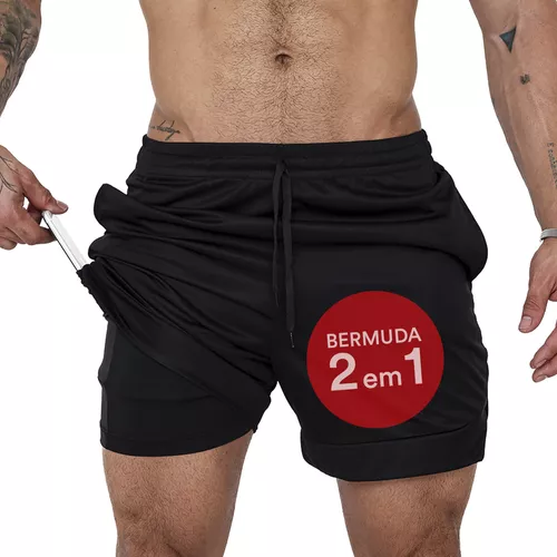 Bermuda 2 Em 1 Short Duplo Esportivo Com Bolso Academia Run