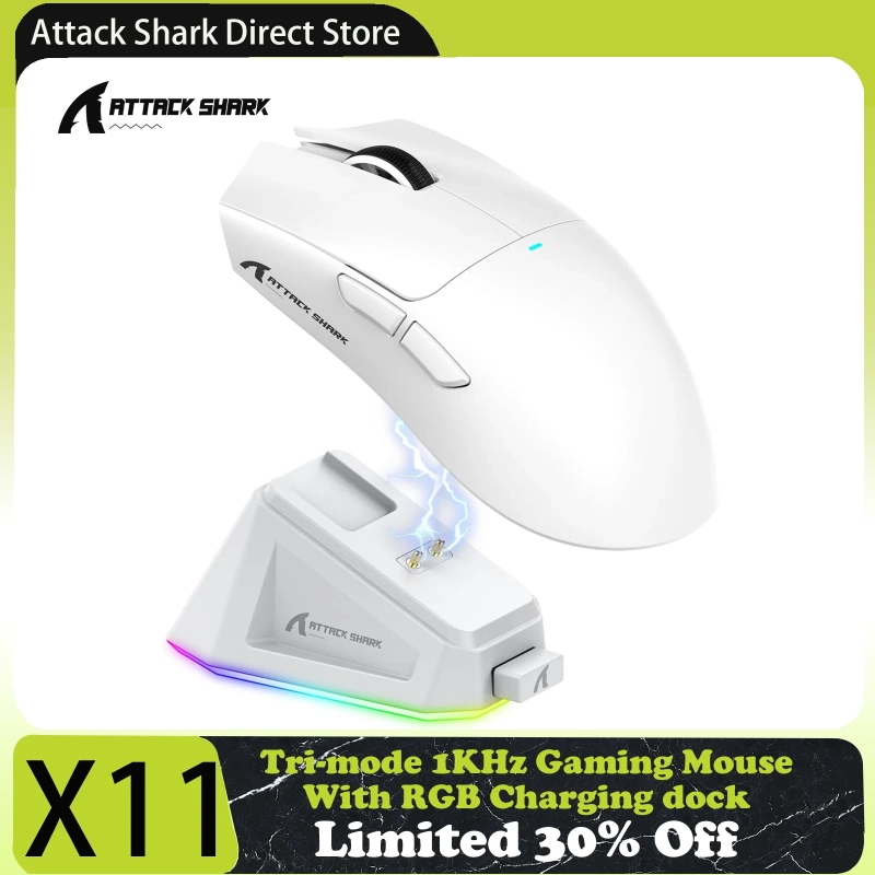 Mouse Attack Shark X11 Sem Fio com Dock de Carregamento PAW3311 3 Conexões