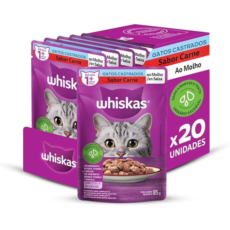 Pack Ração Úmida Whiskas Sachê Carne ao Molho para Gatos Adultos Castrados 85g - 20 unidades