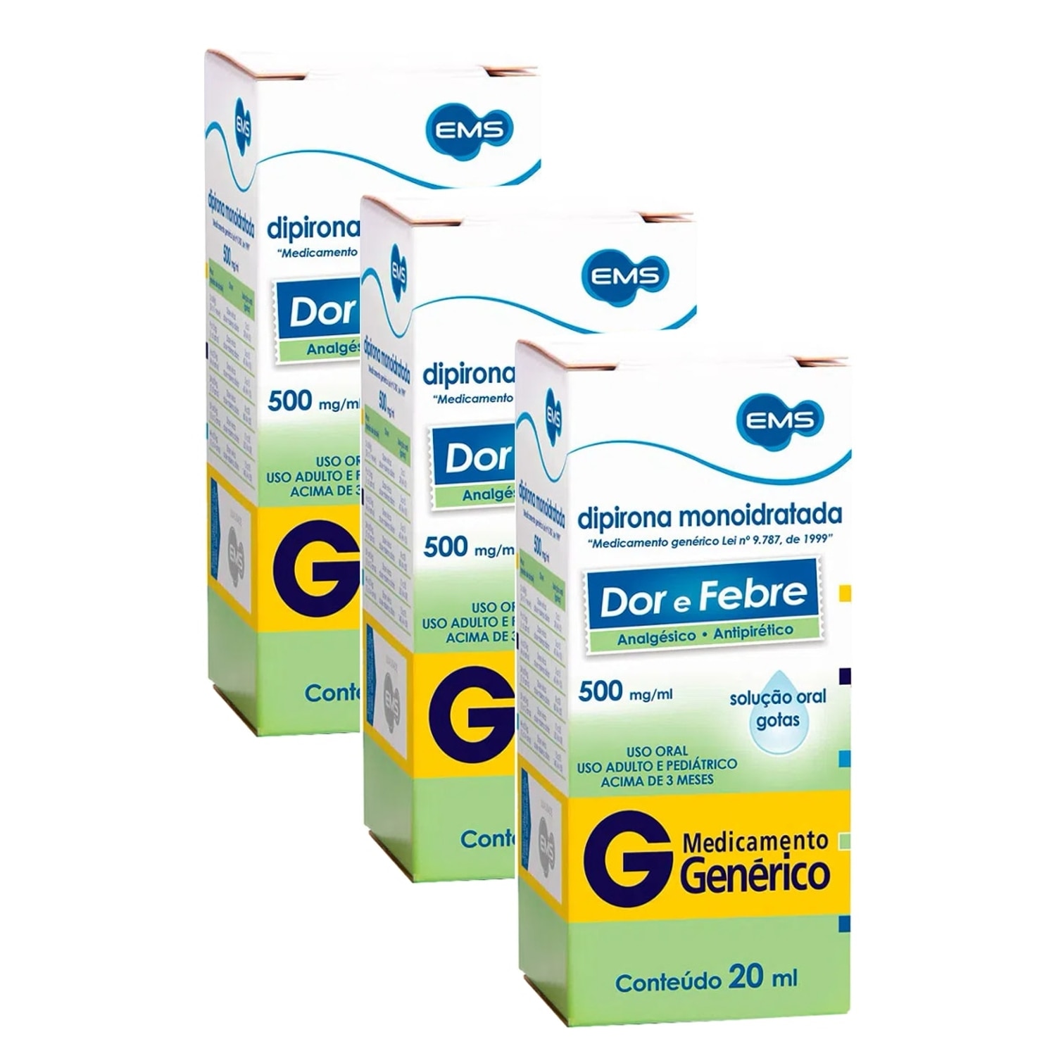 Kit 3 Unidades Dipirona Monoidratada Gotas 500mg 20ml EMS Genérico