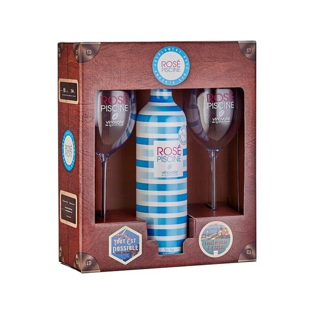 Vinho Rosé Meio Seco Rosé Piscine - Kit Cristal Blue França 750ml com Taça