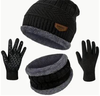 Conjunto de 3 peças de gorro, cachecol e luvas forrados com pelúcia, acessórios de inverno