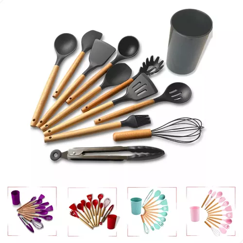 Kit C/12 Utensílios De Cozinha Silicone Cabo Madeira