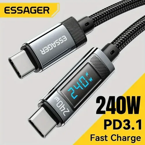 Cabo de Carregamento Essager 240W com Display e Acabamento Premium - USB para USB C, 1 Metro, Carregamento Rápido, 480MB/s