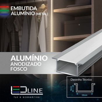 Perfil de Embutir para luminária LED Alumínio e Acrílico Prata Alumínio Com Difusor 3 Metros Ledline