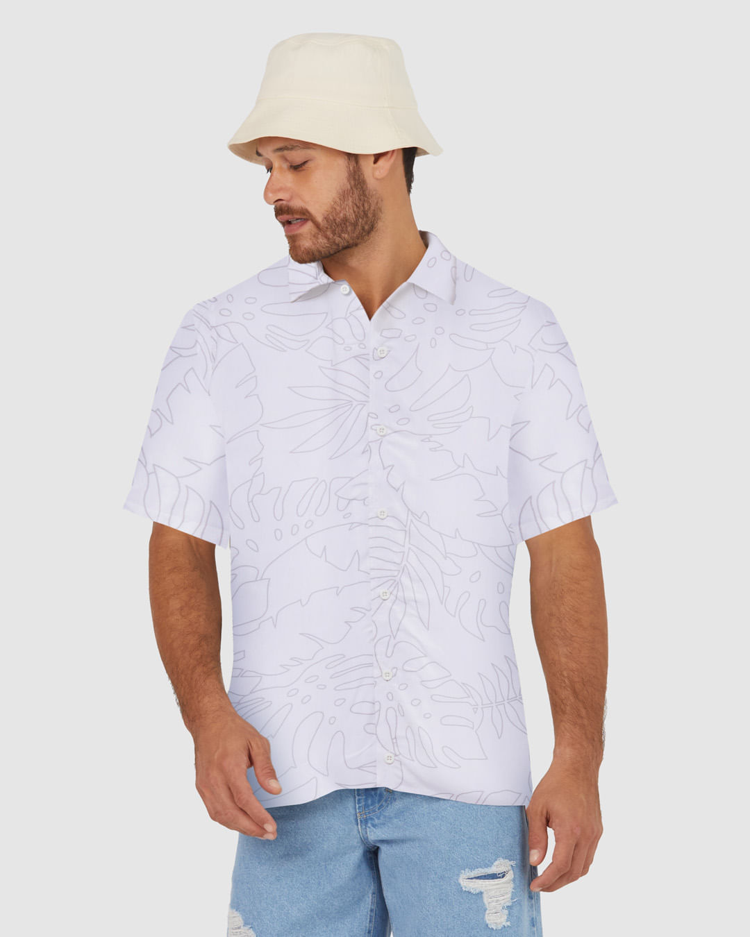 Camisa Masculina Manga Curta Estampa Folhagem Em Viscose