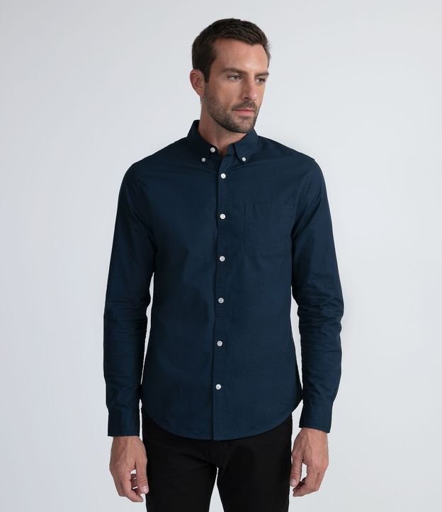 Camisa Slim em Oxford com Manga Longa Azul