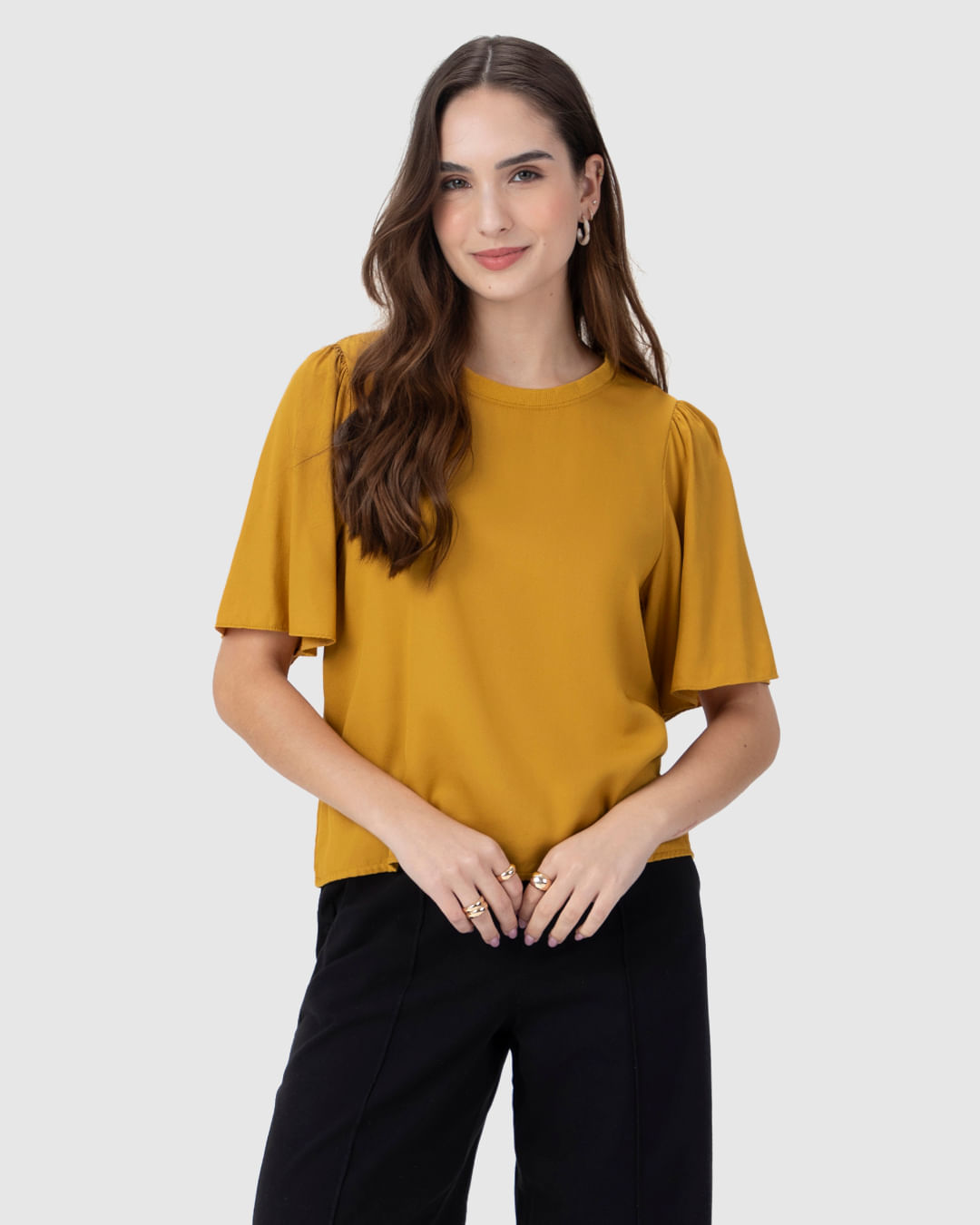 Blusa Feminina Manga Curta Godê Em Viscose Sarjada