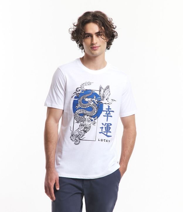 Camiseta Regular com Estampa de Dragão Oriental e Ideograma Japonês