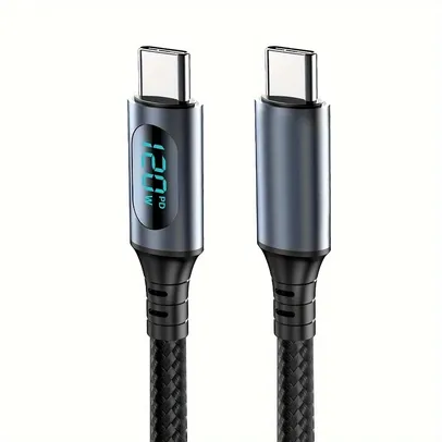 [COM TAXA] Cabo USB Type-C com Display LED, Carregamento Super Rápido de 120W PD, Trançado de Nylon